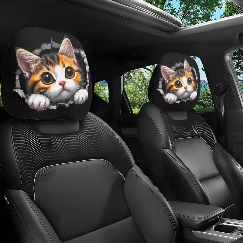 2PCS Funny Slanted Eyes Cartoon Print Car Headrest Cover for Halloween Christmas Holiday Automobile Interior Decoration