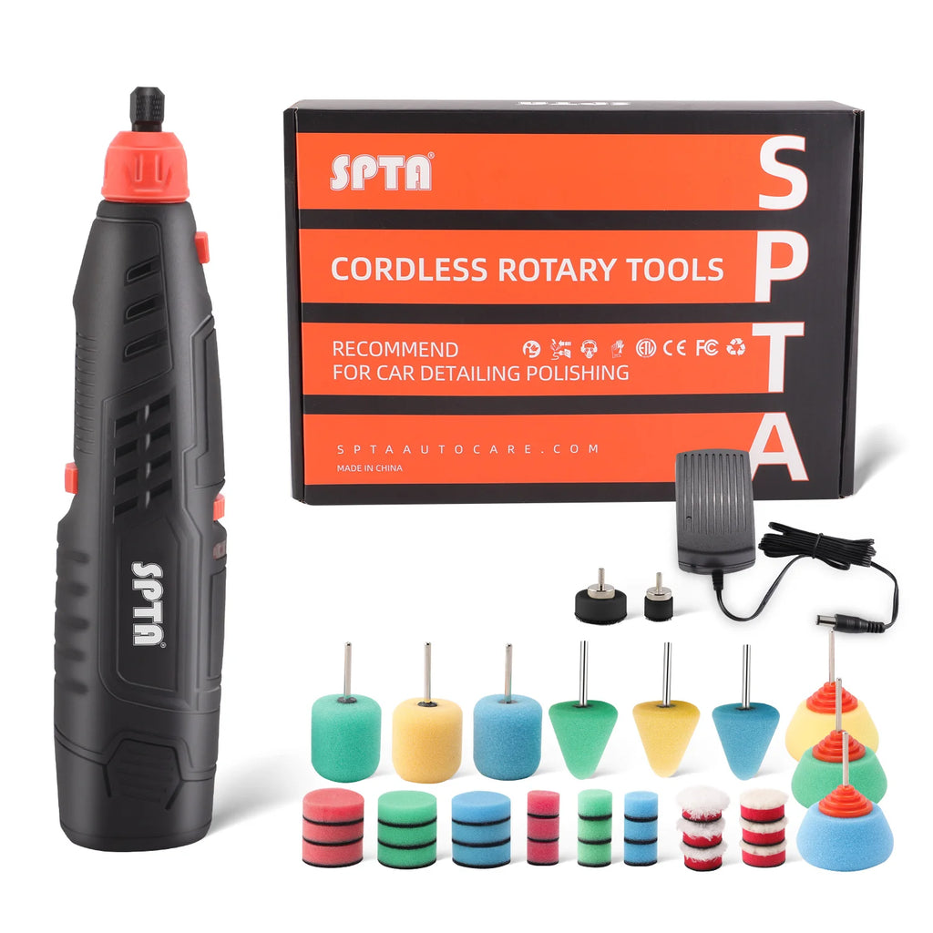 SPTA 12V Cordless Rotary Mini Car Polisher ,Car Electric Drill, 5,000-25,000 RPM Small Buffer Polisher Polishing Foam Pad Set