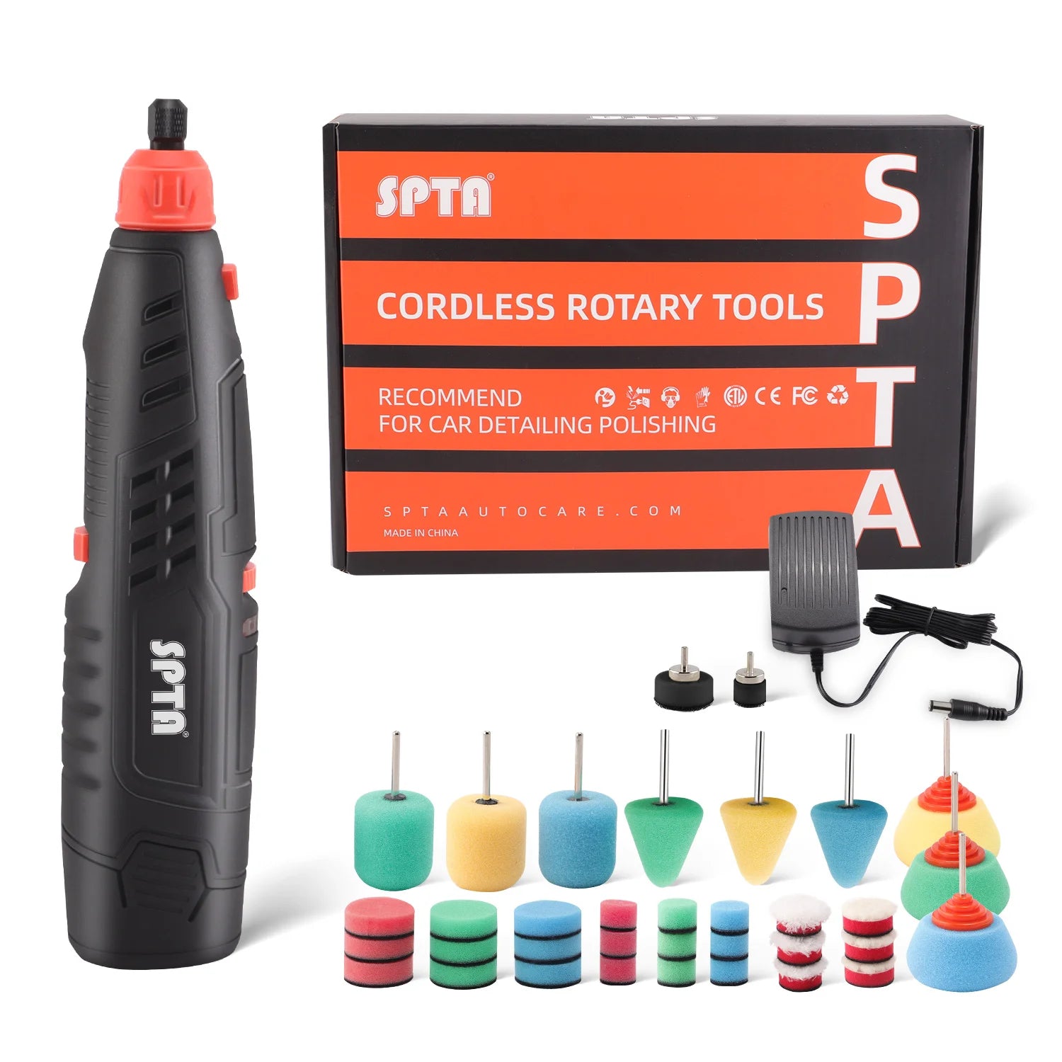 SPTA 12V Cordless Rotary Mini Car Polisher ,Car Electric Drill, 5,000-25,000 RPM Small Buffer Polisher Polishing Foam Pad Set