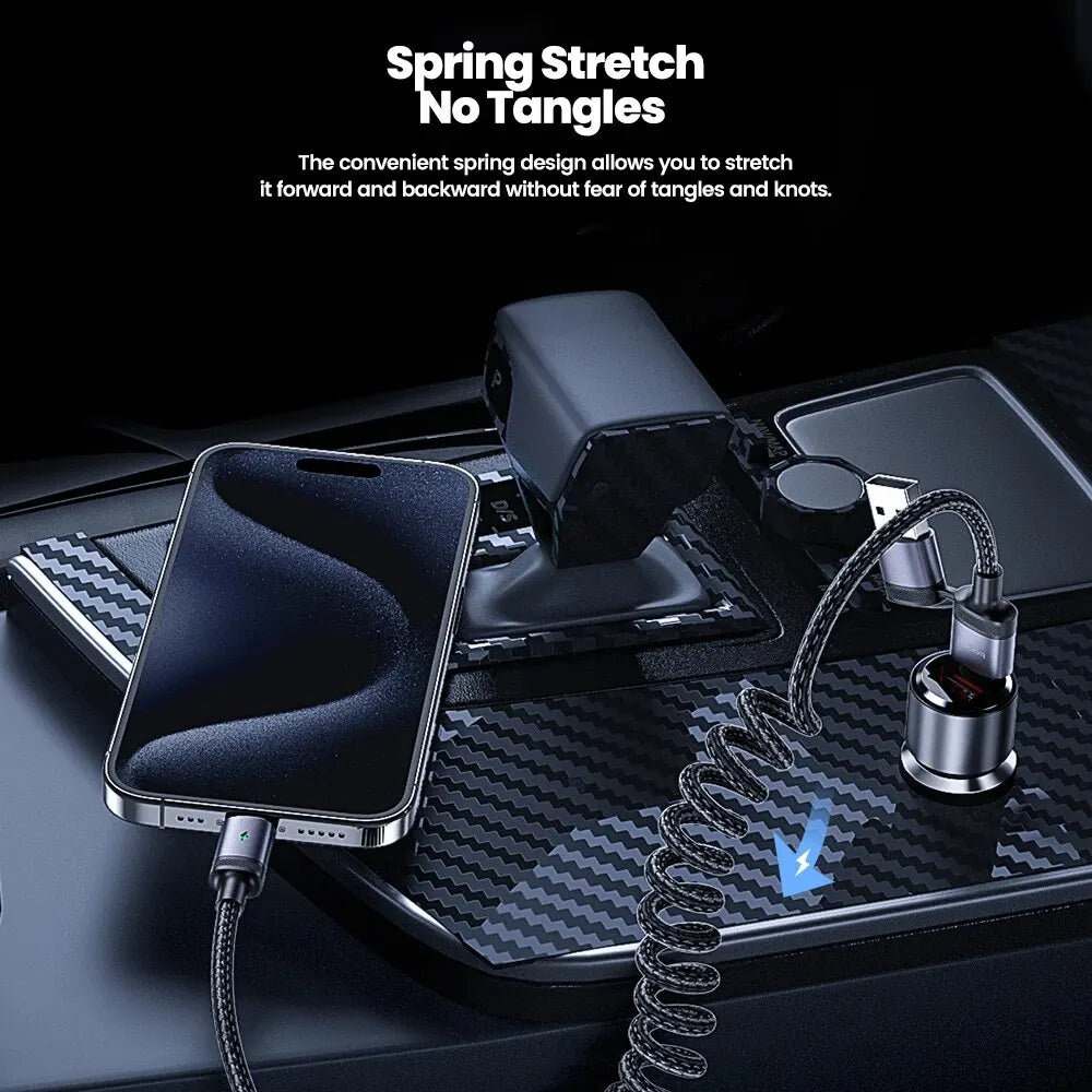 Toocki PD 60W 2 in 1 USB Cable 3A Fast Charging Type C Car Spring Cable For iPhone 15 Pro Max Samsung S23 Xiaomi Huawei Macbook