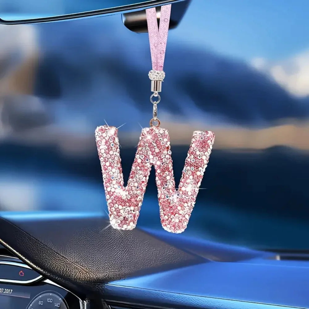 Creative Rhinestone P-Z Letter Car Rearview Mirror Pendant Crystal Car Decoration Bling Accessory Dangling Creative Shiny Charm