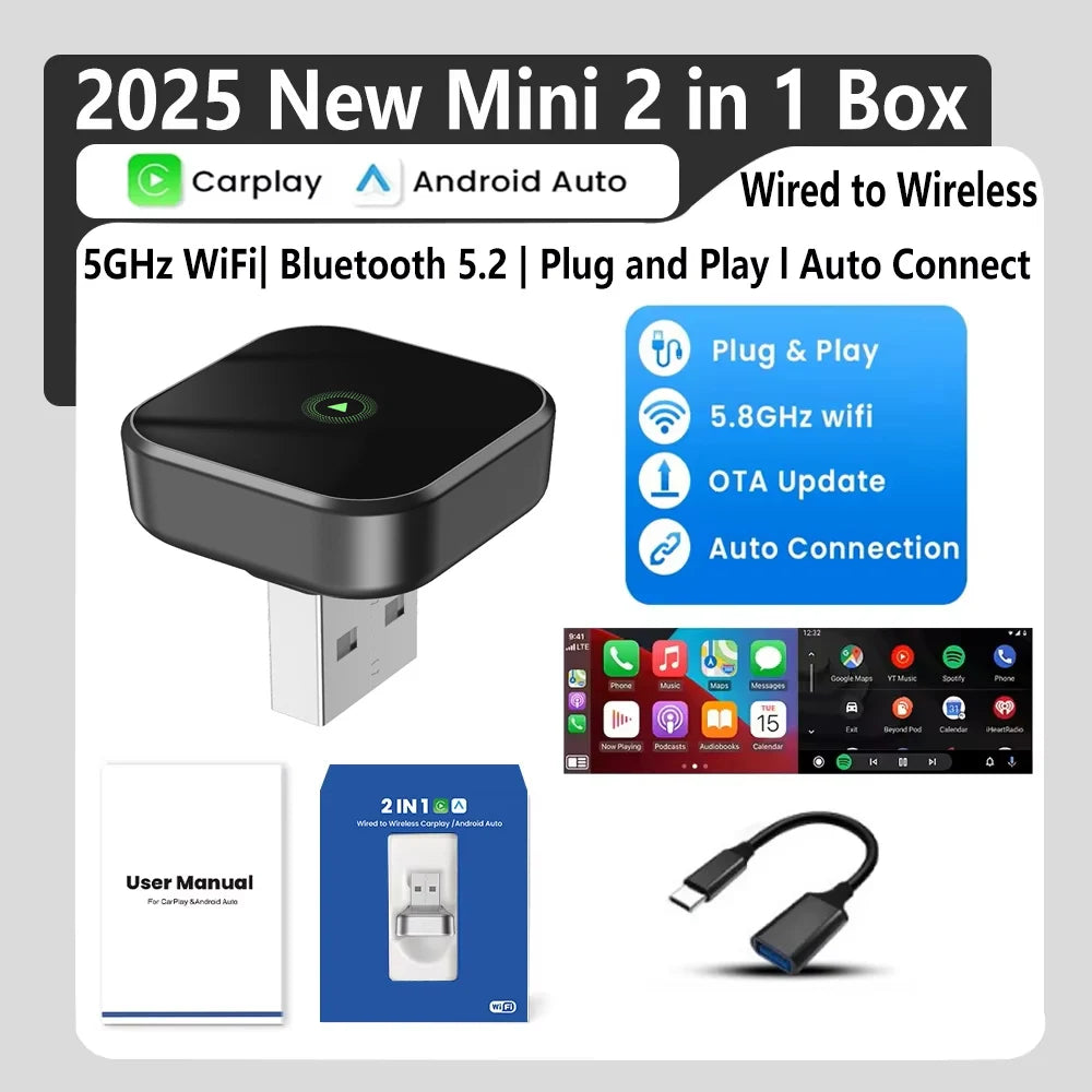 New Carplay Android Auto Auto 2 In-1 Wired To Wireless Magic Box Android Auto Car Machine Interconnect Box Plug and Playback