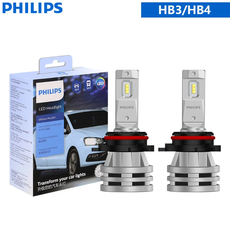 Philips LED H1 H3 H4 H7 H11 Ultinon Pro3101 12V/24V 6000K Bright White HB3 9005 HB4 9006 HIR2 9012 Auto Headlight LED Lamps, 2x