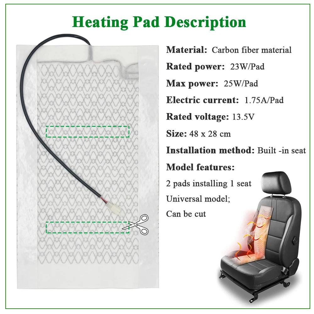 Universal Built-in Car Seat Heater Kit Fit 2 Seats 12V 100W Carbon Fiber Heating Pads with 3 Levels Control Switch System