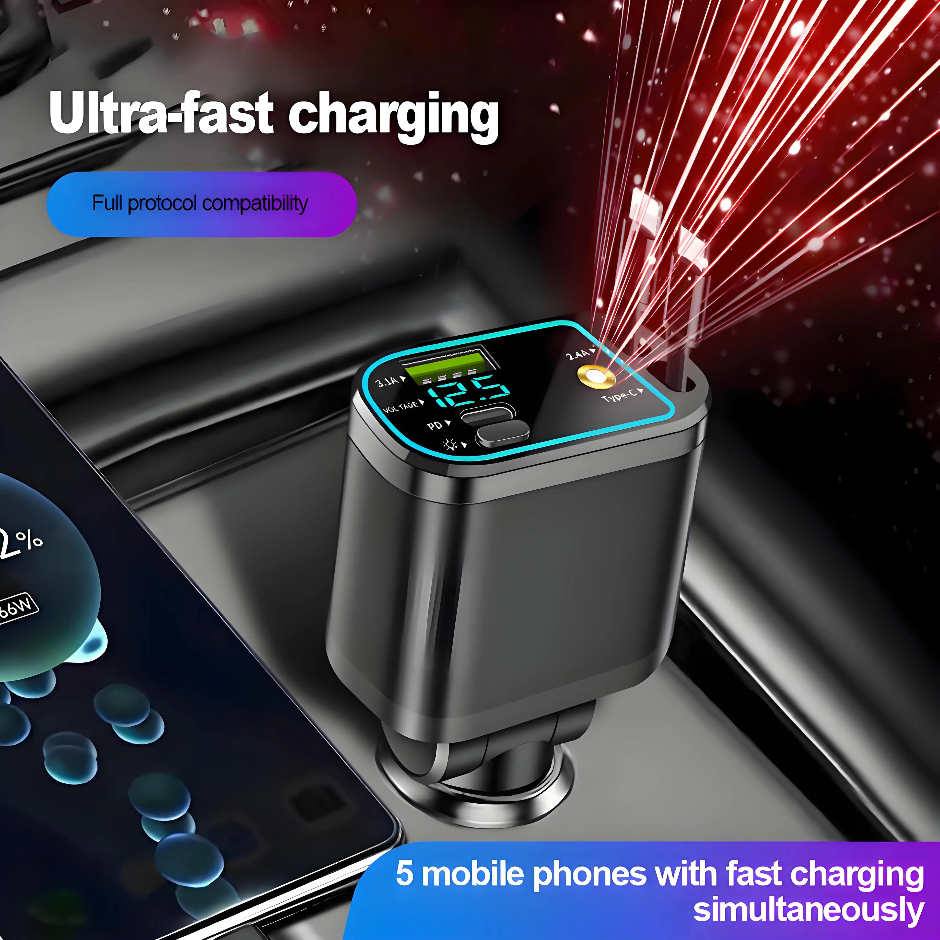 120W Retractable Car Charger with USB C Lightning Cable Starlight in Auto Roof Fast Charging for IPhone Samsung Phones