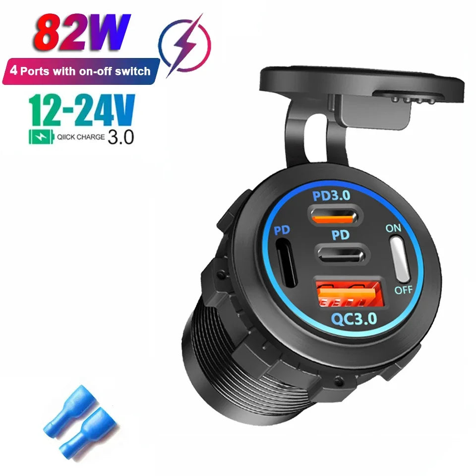 PD 3.0 QC 3.0 Car Charger Cigarette Lighter Socket Waterproof USB Fast Charge With Voltmeter Switch 12/24V Quick Charger Adapter