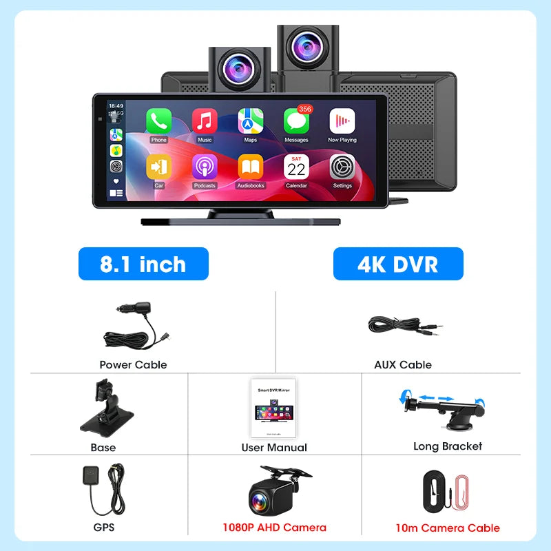 8.1 Inch Carplay & Android Auto 4K 2160P Wifi Dash Cam Rearview Camera Mirror Car DVR GPS Navigation Dual Lens Video Recorder