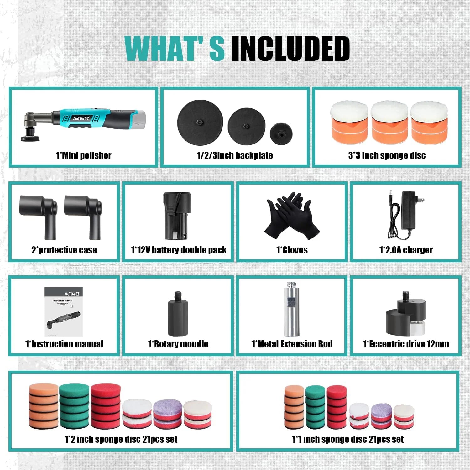 AUTIWOZ Cordless Mini Polisher 1/2/3 Inch DA & Rotary Buffer 12mm Orbit 6Speed Scratch Remover 2000mAh Battery