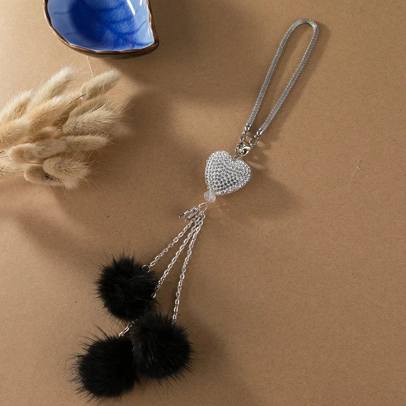 Bling Car Mirror Accessories for Women Men Love Heart and Pink Plush Ball Rinestones Car Accessories Car Rear View Mirror Charms