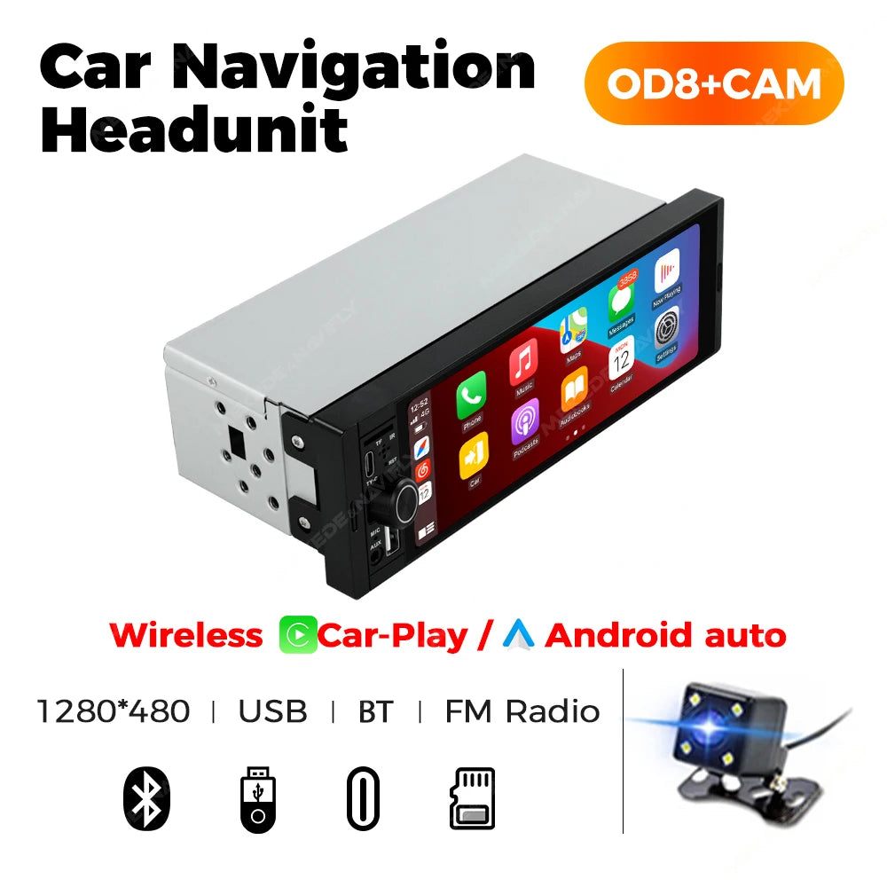 MEKEDE 1Din 6.86 Inch Carplay Android Auto Car Radio Universal Multimedia Player with BT FM Stereo USB Type-C Plug Cam Head Unit