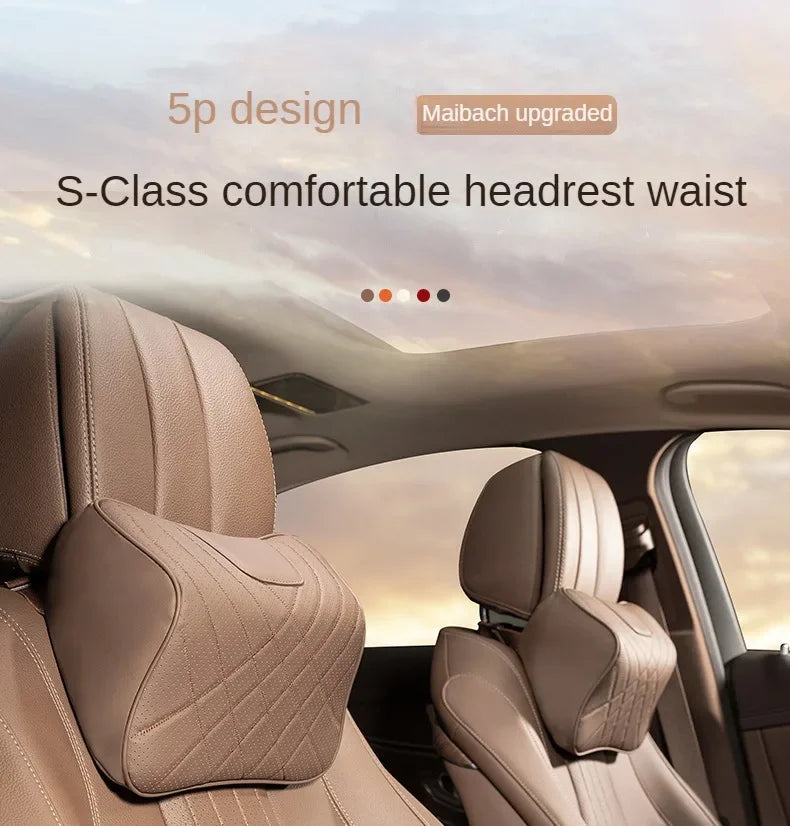 Car Neck Pillow Memory Foam Leather Auto Headrest And Back Cushion Set Seat Lumbar Waist Support Sewing Head Protective Cover
