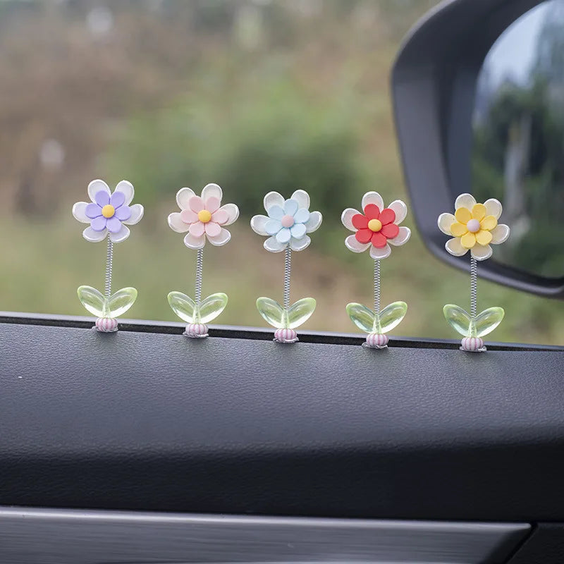 5Pcs/Set Swinging Flower Car Dashboard Center Console Cartoon Chrysanthemum Pendant Car Interior DIY Decoration Accessories