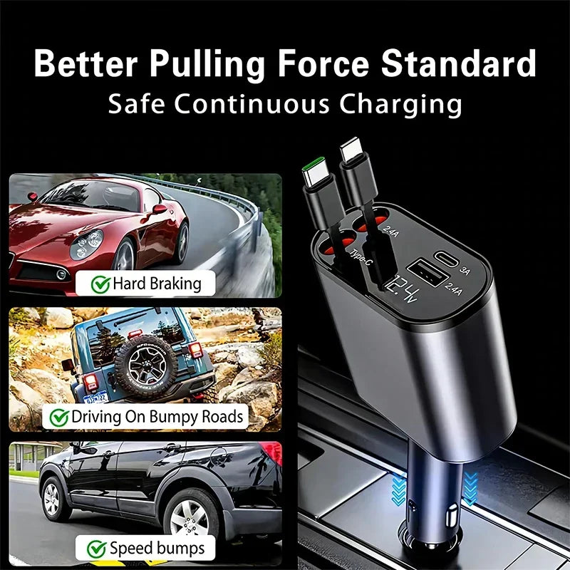 120W Retractable Car Charger 4 in 1 Car Fast Charger For IPhone Samsung USB Type C Cable Fast Cord Cigarette Lighter Adapter