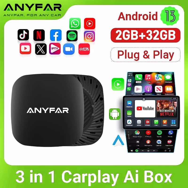 Android 13 Ai Box Wired to Wireless Carplay Android Auto Adapter WiFi For Youtube Nexflit Cars Smart Ai Box Bulit in Play Stroe