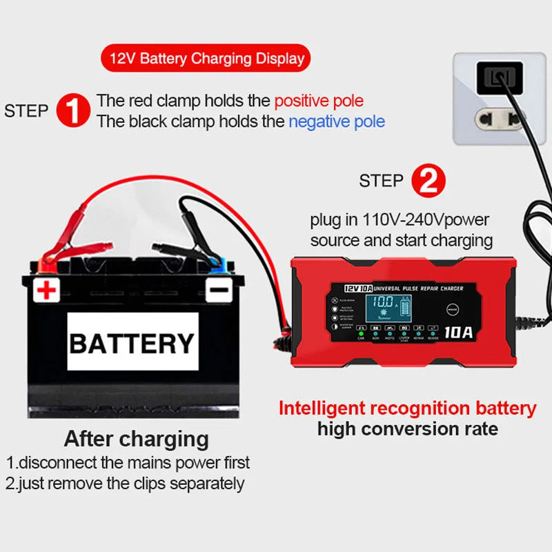 12V 10A Car Battery Charger For Lifepo4 Lead Acid AGM GEL PB Lithium Battery Car Charger Pulse Repair Smart Charger LCD Display