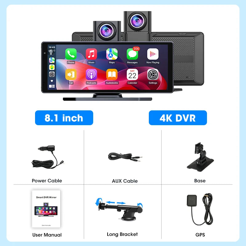 8.1 Inch Carplay & Android Auto 4K 2160P Wifi Dash Cam Rearview Camera Mirror Car DVR GPS Navigation Dual Lens Video Recorder