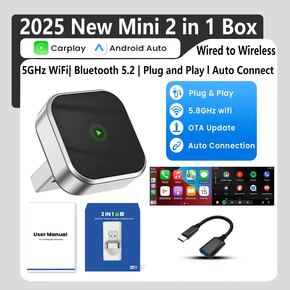 New Carplay Android Auto Auto 2 In-1 Wired To Wireless Magic Box Android Auto Car Machine Interconnect Box Plug and Playback