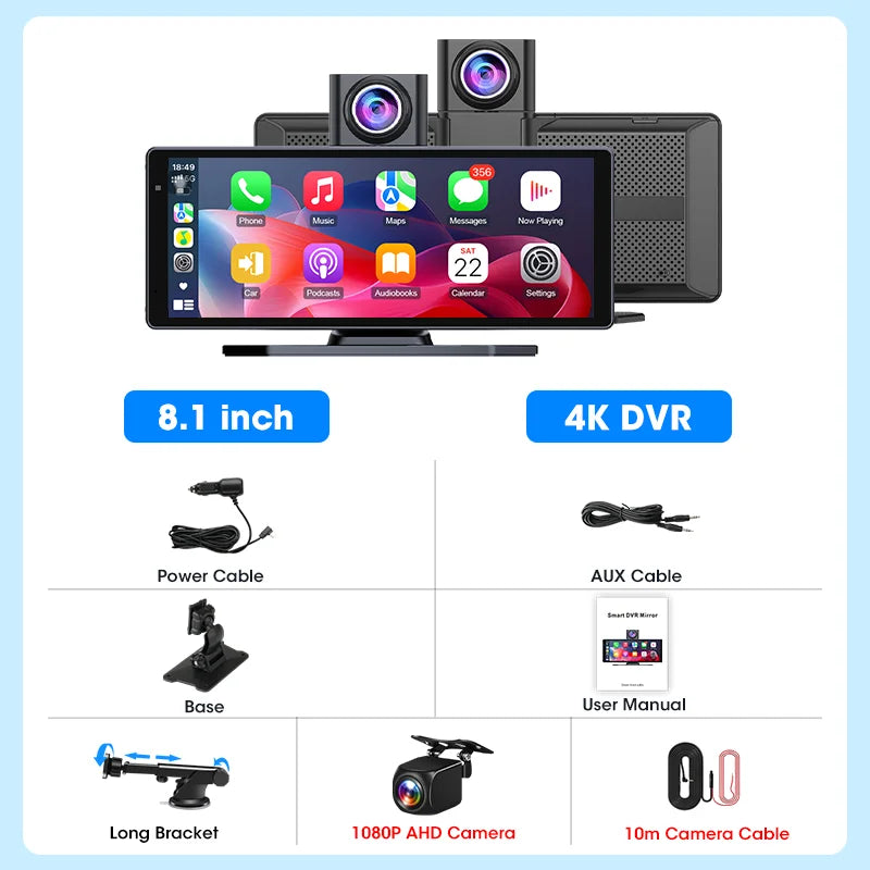 8.1 Inch Carplay & Android Auto 4K 2160P Wifi Dash Cam Rearview Camera Mirror Car DVR GPS Navigation Dual Lens Video Recorder