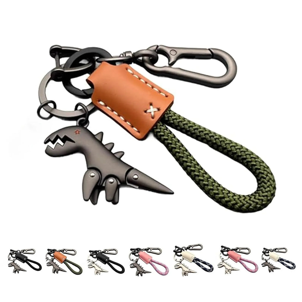 Dinosaur Keychain for Car Motorcycle, Woven Leather Metal Key Chain, Handbag Backpack Charm Gift Ideas