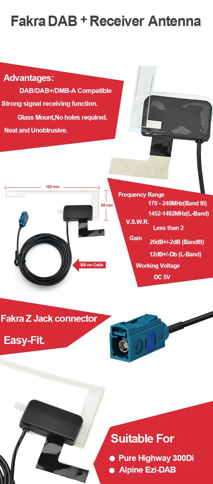 Eightwood Universal Car DAB Radio Active Antenna Fakra Z Female Glass Mount 300cm Cable for Alpine JVC Pure Highway Europe Auto